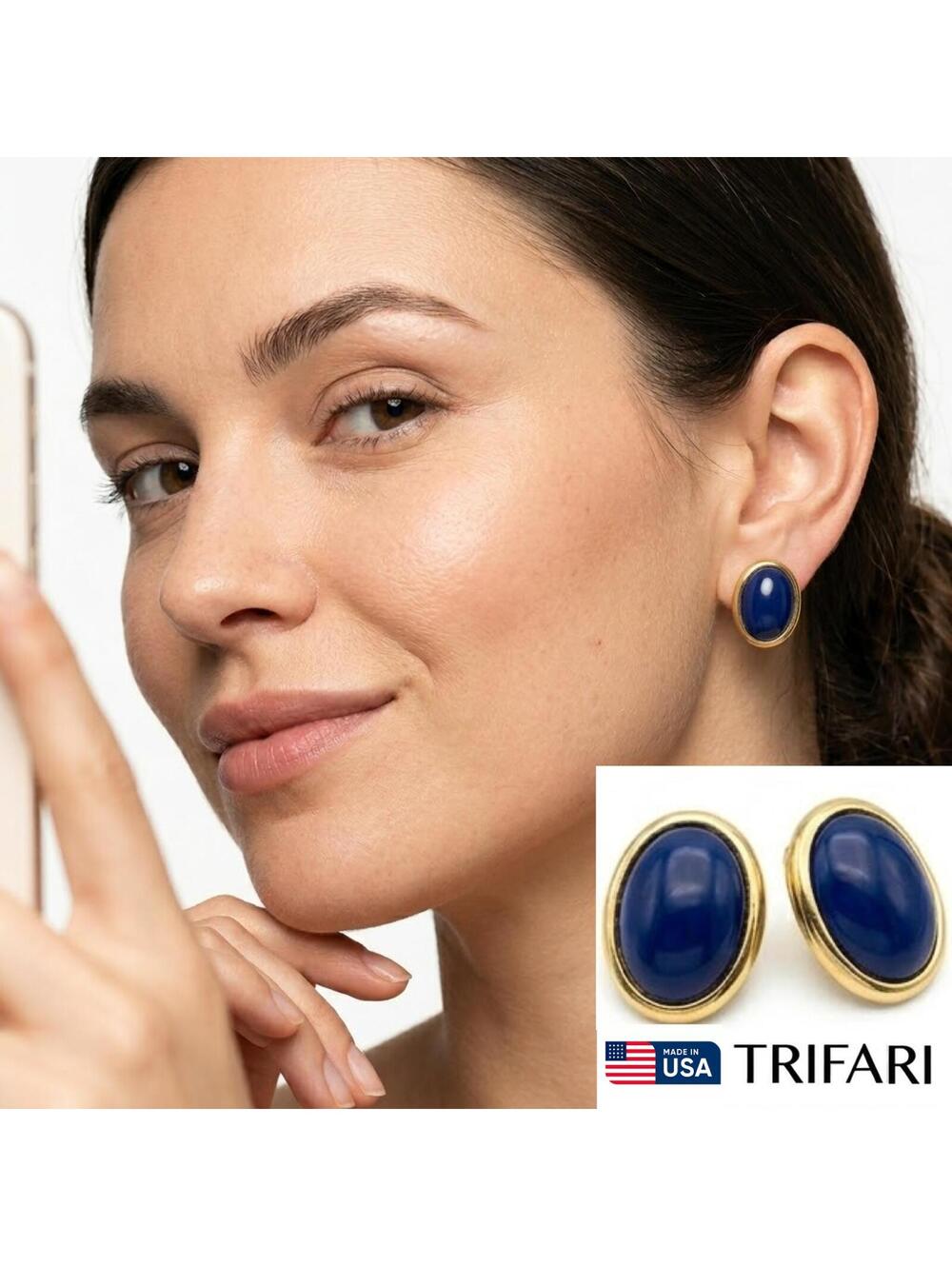 Trifari Women Clip-On Earrings 1960s USA Blue Golden Oval